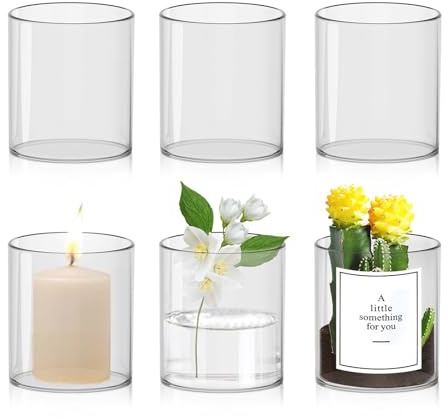 6 Stück Glasvase Zylinder 10×8.5cm, Vasen Klein Tischdeko Transparent, Multi-Purpose Vase Glas für Frische Blumen/Kerzen, Windlicht Glas Kerzengläser für Restaurant/Hochzeit/Wohnzimmer + Aufkleber