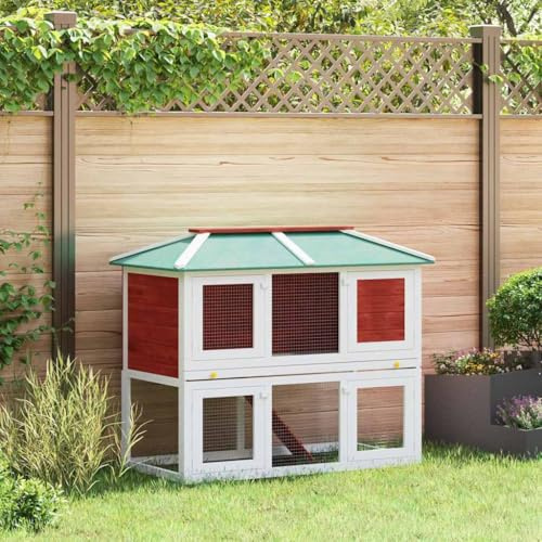 Boltkex Establo para animales pequeños de madera de abeto lacada con 2 niveles y techo verde, 130 x 68 x 105 cm, con rejilla de alambre, rampa y suelo extensible, ideal para conejos, cobayas, roedores
