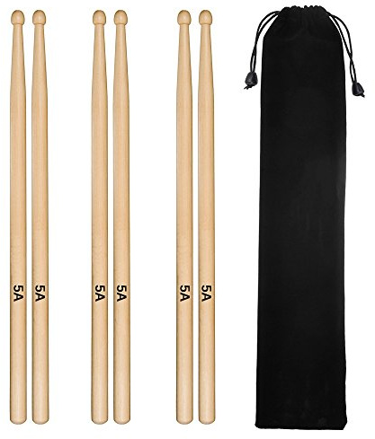 Tuloka 5A Baquetas de Tambor de Madera Maple Clásico Baquetas para Baterías Palillos de Tambor de Estudiante Punta de Madera, 3 Pares