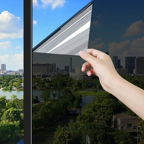 ConCus-T One Way Window Film Heat Control, Black Silver, 60 x 200cm | Sun Blocker Anti Glare Blackout Window Tint Film Mirror Effect Film UV Solar Film Static Cling Covering