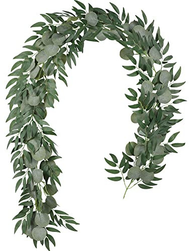 Famibay Artificial Eucalyptus and Willow Garland 6.5Ft Green Eucalyptus Garland Artificial Plant Table Runner Fake Hanging Vine Leaves for Wedding Wall Arch Home Decor (1Pcs)