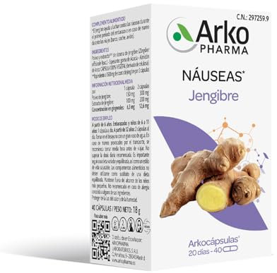 Arkopharma Arkocápsulas Jengibre BIO 40 Cápsulas, Evita Sensación de Náuseas y Mareo en Viajes, Favorece la Digestión, Vegano, Complemento Alimenticio