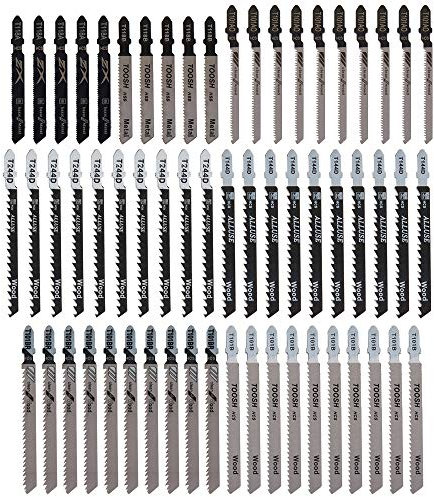 60Pcs Jigsaw Blades Set, T Shank Jig Saw Blades for Wood Plastic and Metal Cutting, 7 Types Straight and Fast Cuts HCS/HSS Jigsaw Blade Compatible with Festool, Bosch, Hitachi, Milwaukee, Makita