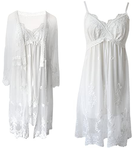 Jamron Donna 2 Pezzi retrò Set di Camicia da Notte con Scollo a V e con Cinturino Regolabili e Vestaglia Elegante Abbigliamento da Notte per Sposa Nozze Festa & Loungewear Bianco L