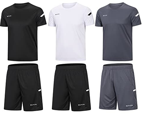BUYJYA Lot de 3 shorts et 3 T-shirts de sport pour homme, pour le basket-ball, le football, l'exercice, la course à pied, la salle de sport, X-Large