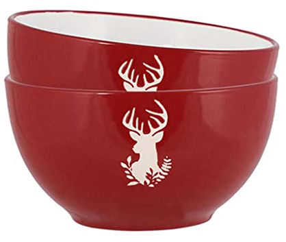 Set of 2 Bowls - Hand Painted Red & White Reindeer Stoneware Crockery Dinner Service Dishwasher & Microwave Safe Christmas Dinner Table Breakfast Cereal Soup Pasta Dessert Serving Bowl