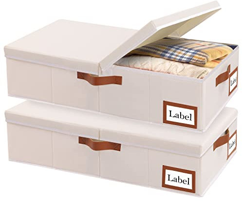 Yawinhe 2 Stück Unterbettkommode, Kleideraufbewahrung mit Deckel, Faltbare Aufbewahrungstasche mit Haltegriffen, für Bettdecken, Decken, Kleidung, 60x30x15cm, Beige