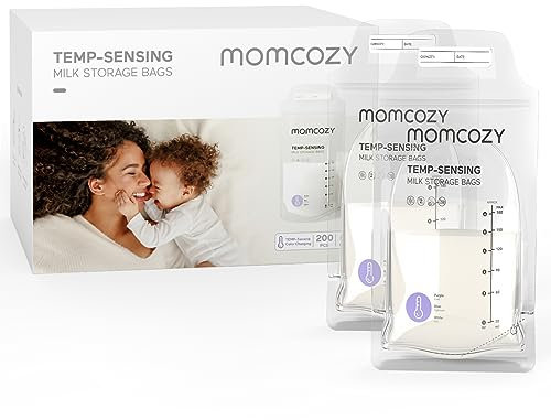 Momcozy Muttermilch-Aufbewahrungsbeutel, 200 Stück, Vorteilspack, Temp-Sensing Verfärbung, Milchaufbewahrungsbeutel zum Stillen, vorsterilisiert, hygienisch doppelt versiegelt, zum Einfrieren, 180 ml