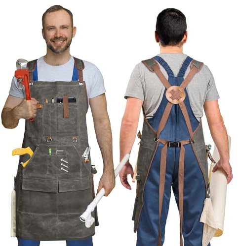 PROESVESMY Wachstuch Schürze Herren Tischler - 22oz Verstellbare Werkstatt Schürze, Leinen Schweißer Für Herren und Damen,Mit 9 Taschen&Kreuzgurten, Schwere Wachstuch Arbeitschürze Für Männer (Grey)