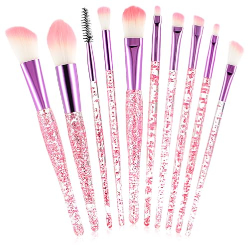 Gjinxi 10pcs Makeup Brush Set, Glitter Crystal Handle Makeup Brushes, Stylish Cosmetics Brushes Kit Professional Blending Brush, Eyeshadow, Eyebrow, and Foundation Brushes