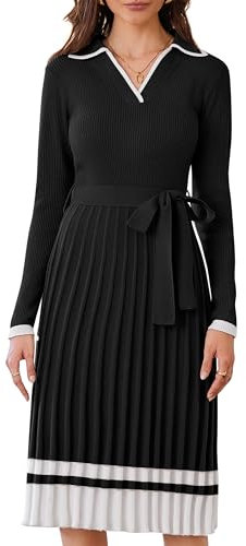 CURLBIUTY Winter Jumper Dress for Women Long Sleeve Knitted Midi Dress A-Line Pleated Sweater Dress with Belt Black L Size 16
