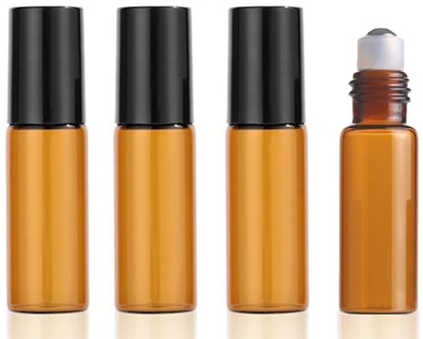 DreamAug 4Pcs 5ml Amber Glass Roller Bottles with Black Metal Roller Balls - Empty Essential Oil Roll-On Bottles for Aromatherapy, Perfumes, and Massage