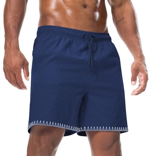 Suwangi Badbyxor för män badshorts strand snabbtorkande vattentätt nätfoder med fickor, Mörkblått, S