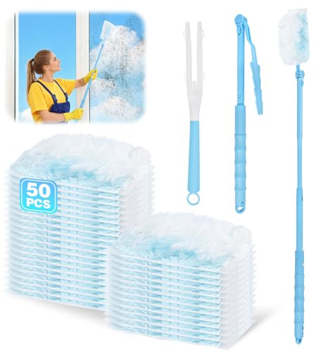 Kuvarix 52 Pièces Plumeau Poussiere Recharge Kit Compatible avec Swiffer, Duster Recharge Kit avec 1 Manche Télescopique et 1 Manches Courts, pour Cheveux, Poussière, Saleté