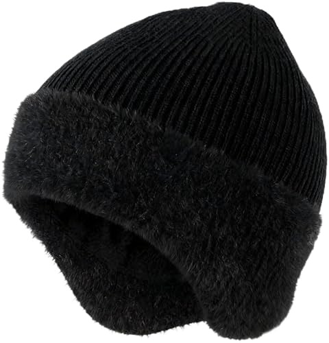 FiveMileBro Bonnet Tricoté avec Cache-Oreilles, Bonnet d'hiver Épais, Chaud avec Doublure Polaire pour Activités de Plein Air Hivernales, Convient à Homme et Femme (FR/ES, Numérique, 51, 62, Noir)