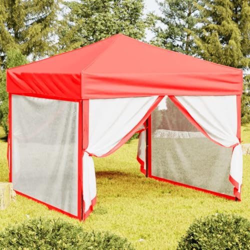 Nqyjm Trädgårdspaviljong utomhus hopfällbart mottagningstält med röda väggar 3 x 3 m, lusthus för bröllop, fester, camping, kommersiella evenemang modell 2