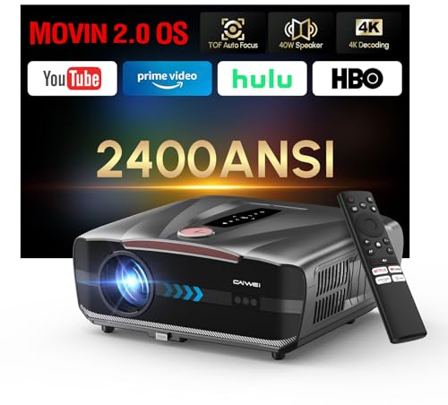 Smart Projector 4K with Auto Lens Cap, 2400 ANSI Lumen Daylight Home Cinema Projector, Native 1080P, 2x38W Speakers DB Audio DTS, ToF Auto Focus, WiFi 6, HDR10, HDMI eARC for Bedroom, Garden, Gaming