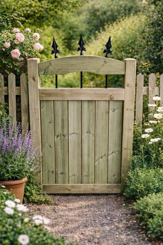 Wooden Garden Gate Spiked with Curved Top – Pressure Treated Outdoor Fence Gate with Metal Spindles (120cm High x 83cm Wide x 5cm Deep)
