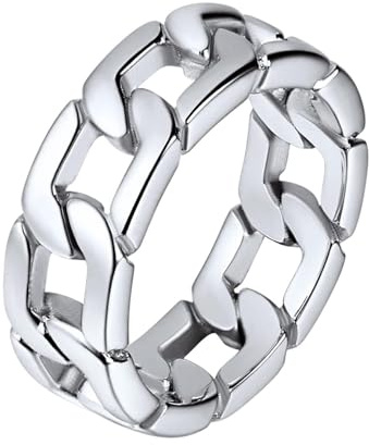 U7 Edelstahl Massiv Kettenring für Männer Großer Ring Hip Hop Street Style Fingerring Cuban Link Panzerkette Rockerring Silberring Modeschmuck für Vatertag Halloween(Ring Größe 62.1)