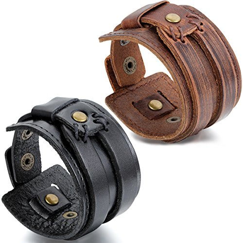 JewelryWe Smycken herr brett läderarmband, punk tryckknapp flätat läder armband omlottarmband armring manschett, justerbar storlek, svart/brun, 23 7 cm, Läder