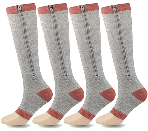 SSDH - Calcetines de compresión para mujer y hombre, con cremallera, 15-20 mmHg, Medias de contención, Calcetín de compresión para venas varicosas, deporte, gris, M