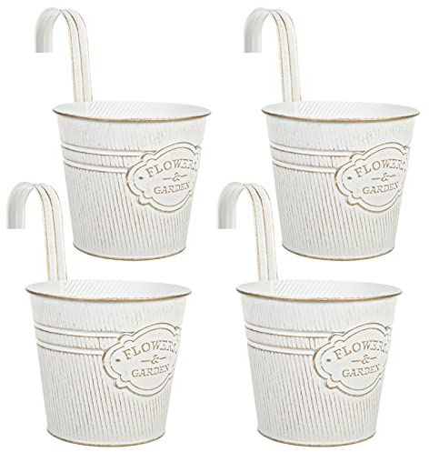 CITÉTOILE Juego de 4 macetas colgantes grandes para balcón con agujero de drenaje, macetas colgantes de metal para plantas, flores, macetas para colgar, vintage, color blanco