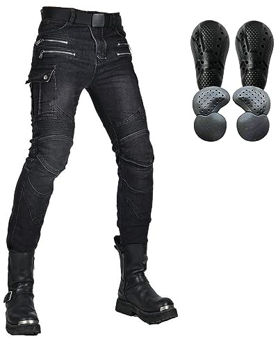 HOMDECR motorcykeljeans för män, vattentäta denimbikerbyxor, vattentäta skydd, cykling, motorcykelbyxor, stretch, biker-jeans med 4 skyddsutrustning, Svart, 4XL