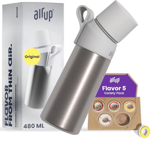 AIR UP® Borraccia in acciaio inox Starter Set Originale, incl. pod aromatizzati in 5 gusti senza zucchero I Borraccia termica 480 ml, mantiene il freddo per 14 ore, tappo ermetico I Argento