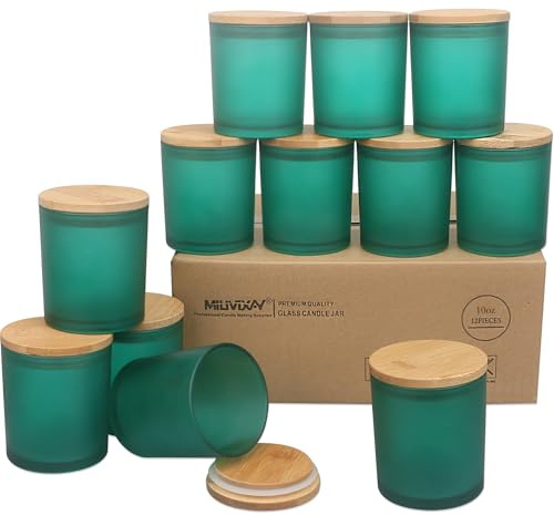MILIVIXAY 12 pezzi 284 ml barattoli di vetro per candele, verde opaco, spessi, con coperchio – barattoli per candele vuoti per la produzione di candele – contenitori per spezie e polveri