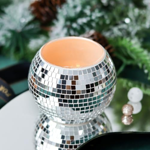 WDHODEC 4 Pcs Disco Ball Vase, Mirrored Mosaic Glass Decor, 6x4 Inches, Round, Retro, Geometric, Polished Finish, Vase, Perfect for Table Centerpieces, Wedding, Birthday, Holiday Party, Candle Jars
