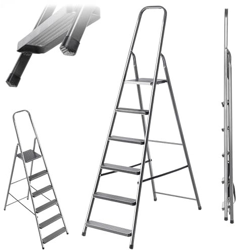 KADAX Escalera plegable de acero de 6 peldaños con patas antideslizantes y estante, escalera de un lado para el hogar y el jardín
