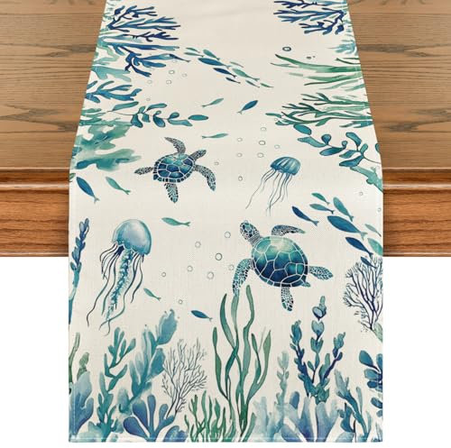 Artoid Mode Schildkröten Meeresalge Wasserpflanzen Sommer Tischläufer, Saisonnal Küche Esstisch Dekoration Drinnen Urlaub Party Dekor 40x180 cm