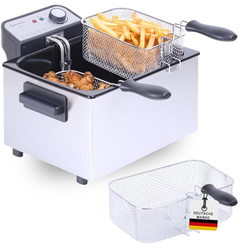 Sommertal Friteuse double XXL avec huile ou graisse, 3 paniers, 5 litres, 3000 W, zone froide, DF3270 - Véritable friteuse en acier inoxydable pour des frites croustillantes
