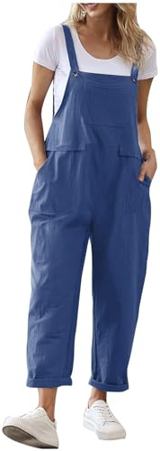 YIzdegg Dam bomull hängselbyxor långa breda ben säckig jumpsuit ärmlös justerbara remmar sparkdräkt avslappnad lekdräkt overall med fickor bekväm stretch jumpsuits solid färg hängselbyxor