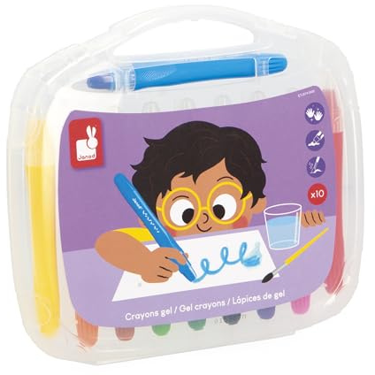 Janod – Set mit 10 aquarellierbaren Gelstiften – Drehmechanik für saubere Hände – Aquarellkreiden – leuchtende und deckende Farben – Kunststoffkoffer – ab 3 Jahren – J07416