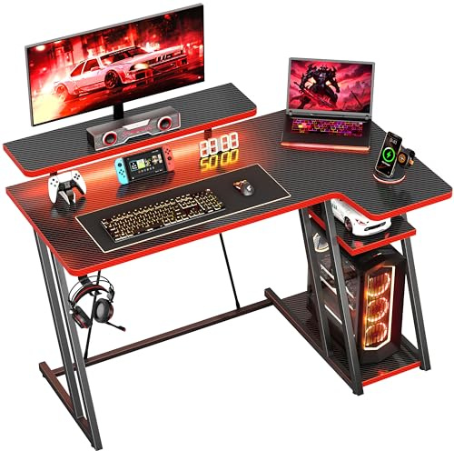 HOMIDEC Gaming Desk with LED Lights, 100CM Computer Desk with Monitor Stand, L Shaped Corner Desk with Headphone Hook and Shelves for Gaming Room, Bedroom, Office, Black Red