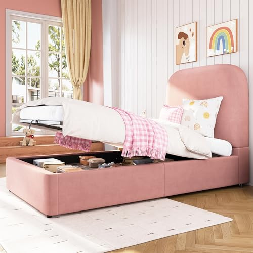 3ft Single Bed Frame, Upholstered Ottoman Bed with Storage, Hydraulic Lift Up Beds with Velvet Fabric & Sturdy Wooden Slat Support, No Box Spring Needed, Youth Beds for Adults Kids Teenagers, Pink