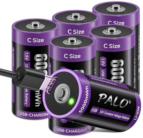 Mspalocell USB-C Batteria C 1,5 V Lr14 Batteria Litio 6000mWh a Ricarica Rapida Tipo C Batteria con Cavo Ricarica,Autoscarica Bassa,con Luce Ricarica,1500+ Cicli 6 Batterie C