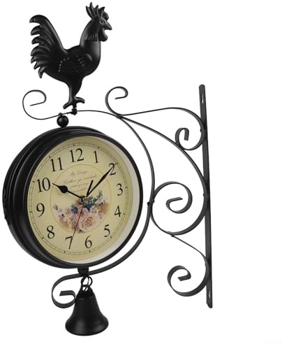 Orologio da parete double face in ferro per soggiorno e giardino, orologio decorativo nero con movimento al quarzo, grandi cifre, facile da leggere, robusta cassa in metallo 39 x 35 x 12 cm