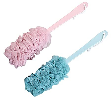 Lot de 2 brosses de bain en luffa avec long manche pour le bain, la douche, le dos, pour homme et femme, rose et bleu