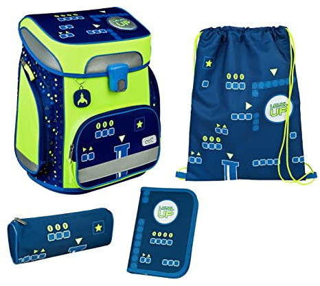 Glow-Edition Level Up Schulranzen Set 6 teilig - Scooli Easy Fit mit Schüleretui, Schlamper, Turnbeutel, Schlüsselanhänger und Patch