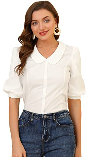 Allegra K Chemisier Doux à Manches Courtes et à col Claudine pour Femmes Blanc XS
