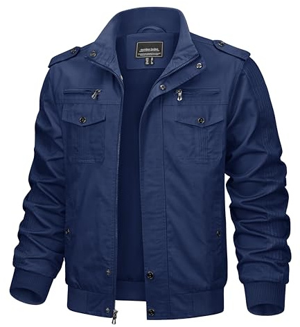 KEFITEVD Chaqueta Casual Cargo Hombre Otoño Chaquetas Militares Rompevientos, Azul Denim, L
