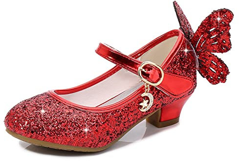 MACHSWON Girls High Heel Dress Shoes Mary Jane Princess Wedding Party Pump Sparkly Bow Shoes for Kids (Red, Size 4 UK)