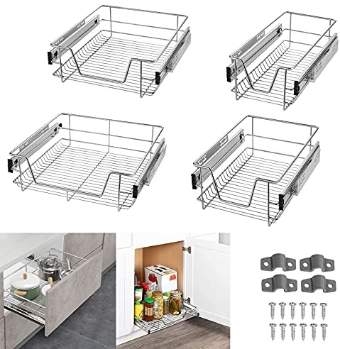 UISEBRT 4 Stück Küchenschublade Teleskopschublade Schlafzimmerschublade Organizer Küchenschrank Küchen Regal Korbauszug Vollauszug für 47cm (Innenbreite) / 50cm (Außenbreite) Schrankbreite