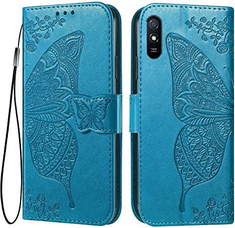 EASSGU Leder Handyhülle für Redmi 9A / Redmi 9AT (6.53 Inches) Flip-Folio Magnetische Hülle mit 3 Kartenfach, 1 Wallet, Sturzfeste, Kratzfeste Case - Blau