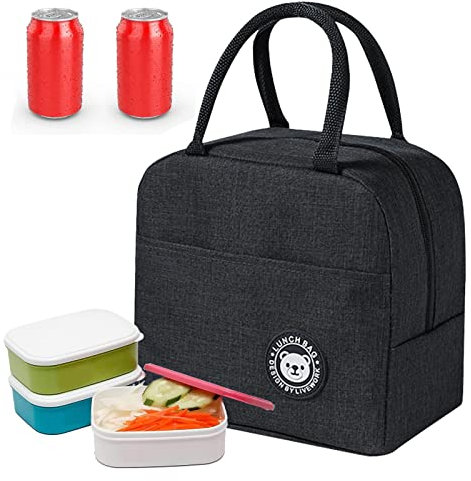 Ksvaye Mini Kühltasche für Unterwegs Kleine Lunchtasche Faltbar Thermotasche Isoliertasche Lunchbag Picknicktasche für Arbeit Unterwegs Schule Picknick Damen und Herren (Schwarz)