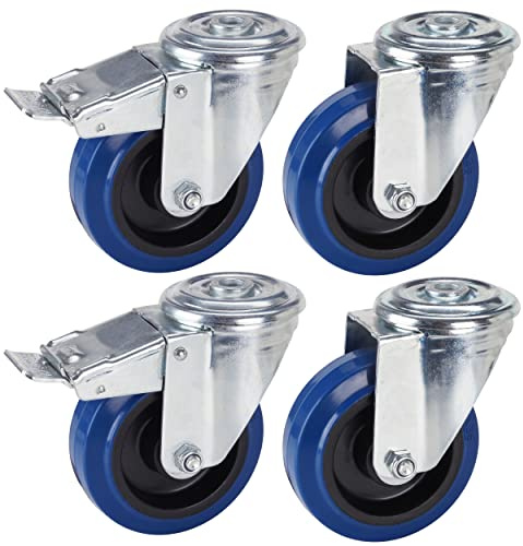 Dörner + Helmer 450658 4er Profi-Rollen-Set 100 mm, blauer Elastik-Vollgummi, Rückenloch, Rollenmix, Tragkraft 450kg/Set