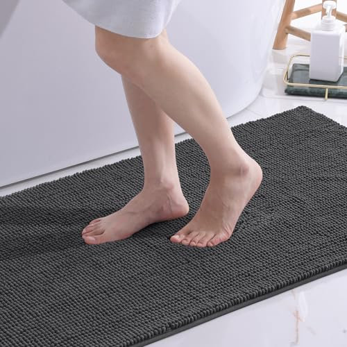 OLANLY Chenille Badematte rutschfest Badezimmerteppich Weich Badteppich Saugfähige Badvorleger Waschbar Großes Duschvorleger für Badezimmer, 60 x 120 cm, Dunkelgrau