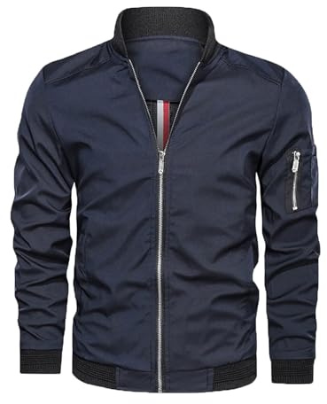 Hombre Primavera-Otoño Casual-Clásica Vintage Chaqueta Bomber Fit Cuello Alto Ropa Deportiva Transición Chaqueta Cortavientos Ligeras Estilo Informal Cazadora Softshell Masculina Chaqueta Azul M